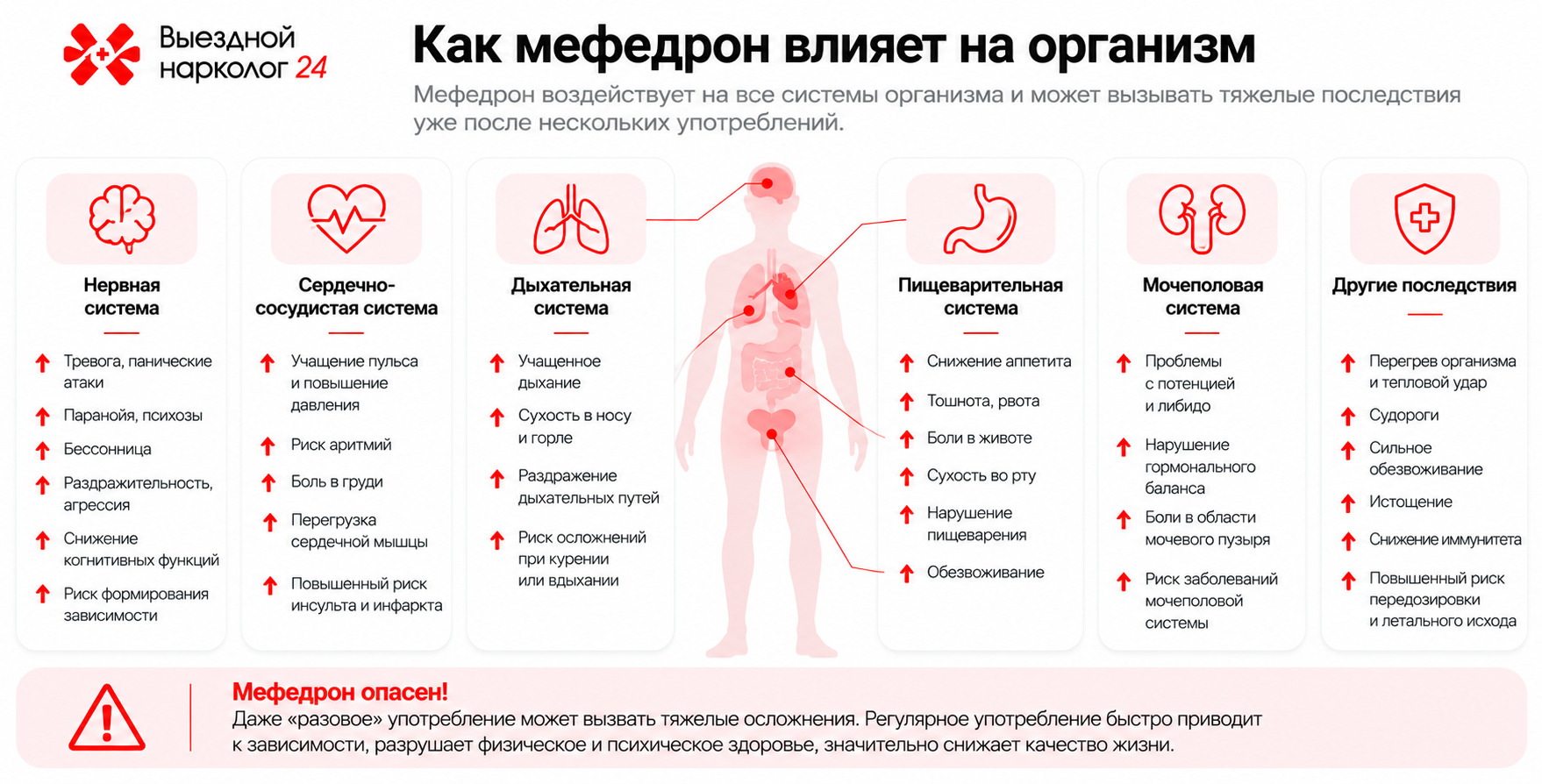 Инфографика о влиянии мефедрона на организм: нарушения работы нервной, сердечно-сосудистой, дыхательной, пищеварительной и мочеполовой систем, риск зависимости и передозировки.